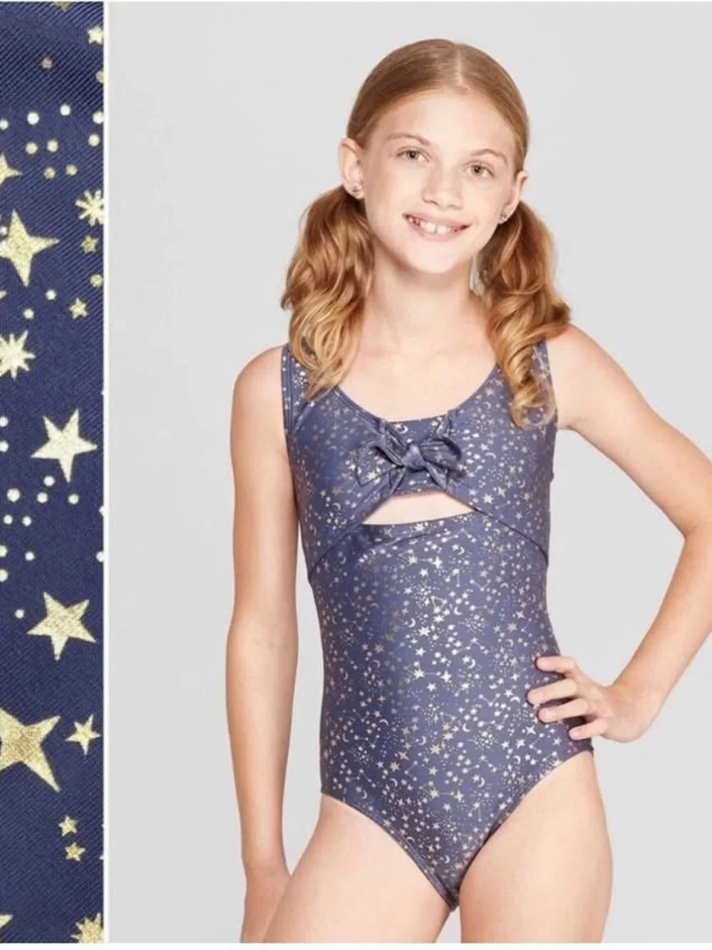 Girls Sparkle Navy One-Piece Swimsuit with Bow